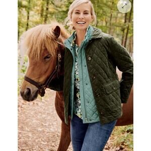 TALBOTS Moss Green Quilted Corduroy Plaid Cuffs Button Front Coat